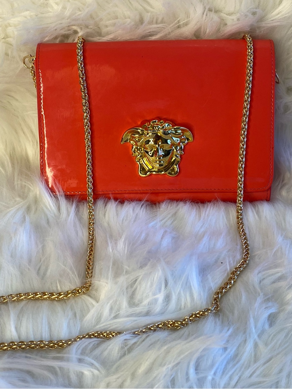 Versace La Medusa Patent Leather Two Way Bag in Vibrant Coral Red. Authentic.